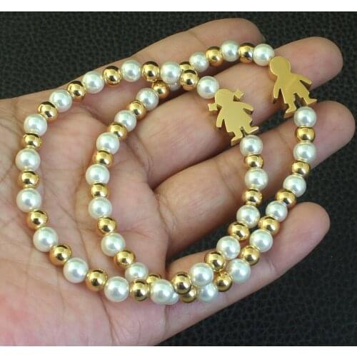 Fashion Stainless Steel Jewelry Boy And Girl Figure High Quality Simulated Pearl Bead Bracelet For Woman BBJFAHBC