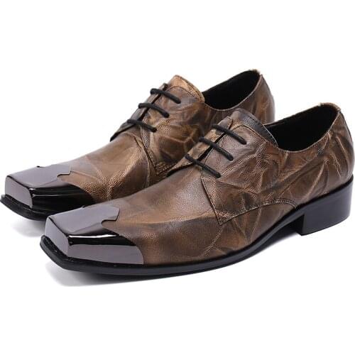 Vintage Brown Printed Metal Square Toe Oxfords Shoes Big Size Man Business Party Formal Shoes Banquet Men Lace Up Brogue Shoes