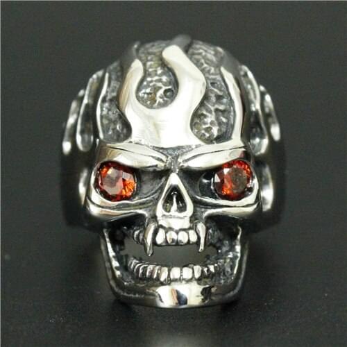 Drop Ship Fashion Mens Biker Skull Ring 316L Stainless Steel Jewelry Flaming Red Eyes Skull Ring