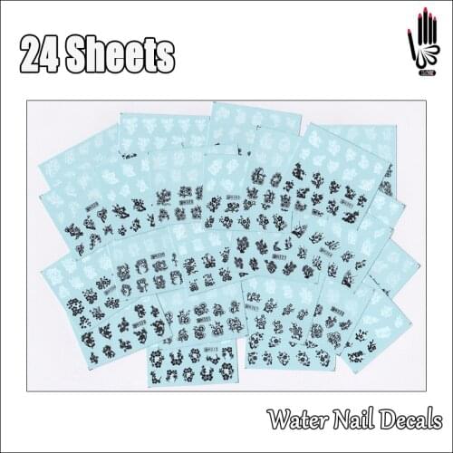 Nail Art 24Sheets/Lot Mixed 24 Different Black White Plum Nail Art Water Sticker Decal For Nail Art Decoration 24-07