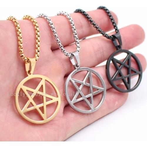18''-30'' Choose Punk Trendy 3mm Square Rolo Chain Stainless Steel 30mm Wicca Inverted Pentagram religion Pendant necklace