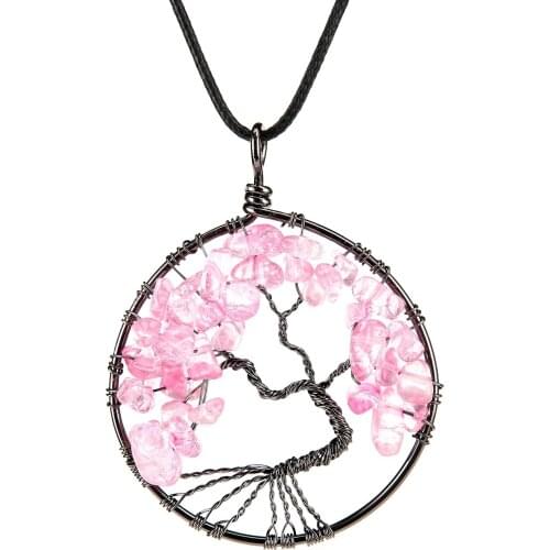 Sakura Tree of Life Pendant Rose Crystal Copper wire wrapped Necklace Gem stone Chakra Jewelry