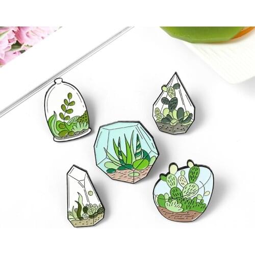 Transparent glass cover Potted plant Enamel Brooch Green leaves Cactus grass Succulent plants Lapel Pin Denim Jackets Badge