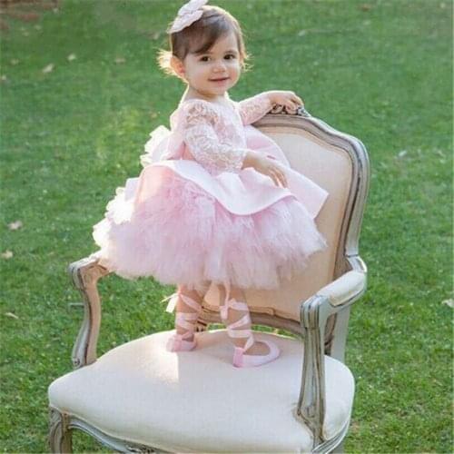 Pink tulle tutu baby girl cloth 1 year birthday party gown open back long sleeves flower girl dresses baby girl christening gown