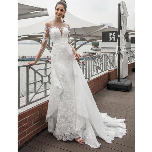 Tanpell Elegant Ivory Lace Wedding Dress Appliques Beading 3/4 Length Sleeves Watteau Train Bride Church Wedding Dress 2020