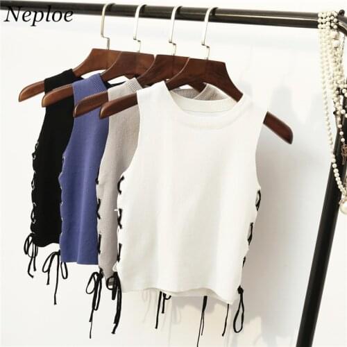 2021 4 Colors New Korea Summer Tee Sleeveless T shirt Casual Lacing Women T shirt O-neck Knit Short Tops 65222