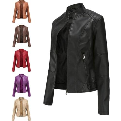 2021 Women Leather Jacket Autumn Thin Ladies Motorcycle Jacket PU Leather Jacket Stand Collar Female Black Faux Leather Outwear
