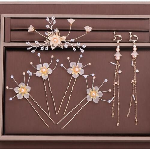 GETNOIVAS Gold Color Pearl Flower Hair Pins Earrings Childrens Show Headpiece Bridal Wedding Hair Piece Hair Accessories SL