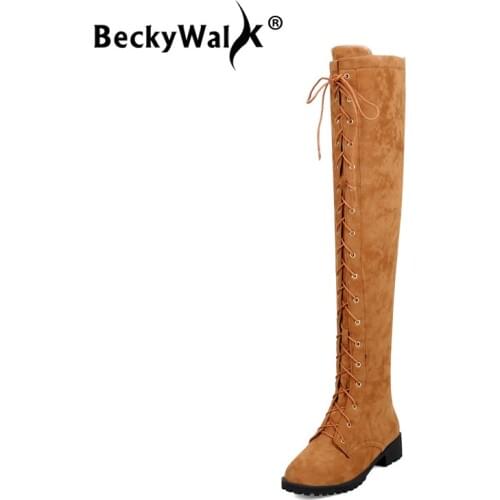 BeckyWalk Lace Up Over The Knee Boots Women Round Toe Low Square Heels Thigh High Boots Faux Suede Winter Ladies Boots WSH3046
