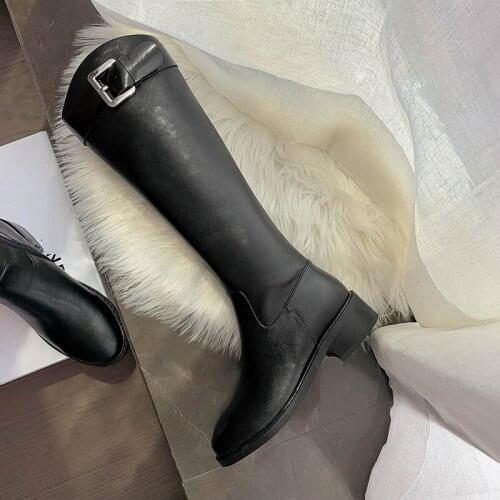 Womens high boots Riding Equestrian Women Shoe Belt Buckle Ladies Shoes With Zippers Motorcycle Boots Cowhide botas de mujer