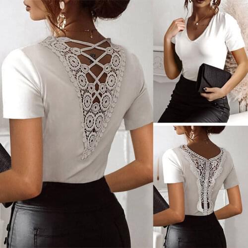 2021 Summer Women Fashion New Simple Back V-neck Lace Patchwork Short-Sleeved Lady Top T-shirt clothing