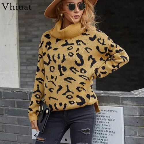 Vhiuat Y2K 2021 Autumn Winter Thick Warm Leopard Turtleneck Sweater Women Knitted Long Sleeve Korean Fashion Oversized Pullover