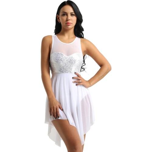 2021 Women Adult Ballet Dance Dresses Sleeveless Sequins Asymmetric Mesh Criss Cross Back Leotard Bodysuit Ballet Dance Dress