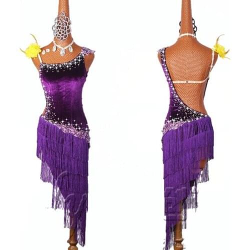 Shiny Rhinestone Women Latin Dress Costumes Purple Sexy Tassel Skirt Salsa Samba Rumba India Ladies Fringe Latin Dance Dress