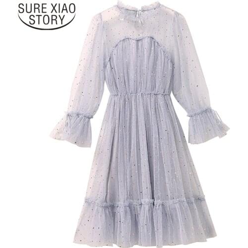 2021 Spring Autumn Mesh Flare Sleeve A Line Dress Elastic Waist Elegant Dress Women Printing Party Vestidos Fashion Chic 12240