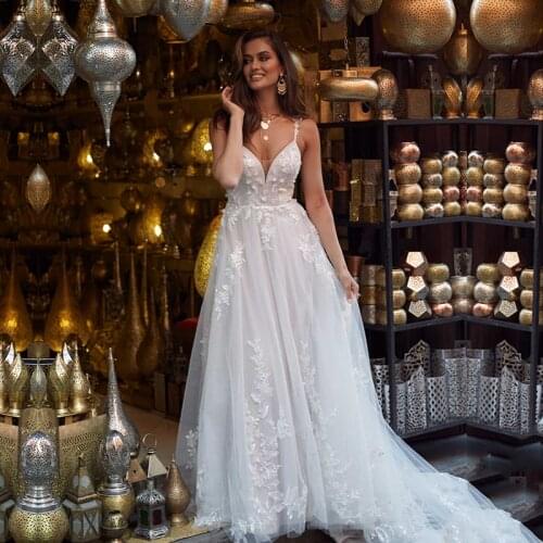 Fanweimei Wedding Dress Boho Spaghetti Strap A-Line Appliques Lace Backless Wedding Gowns Bridal Dress trouwjurk robe de mariage