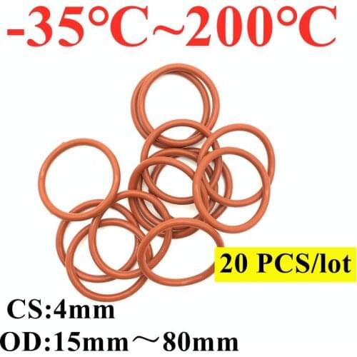 20pcs Red VMQ Silicone O Ring CS 4mm OD 15 ~ 80mm FoodGrade Waterproof Washer Rubber Insulated Round Shape Seal Gasket