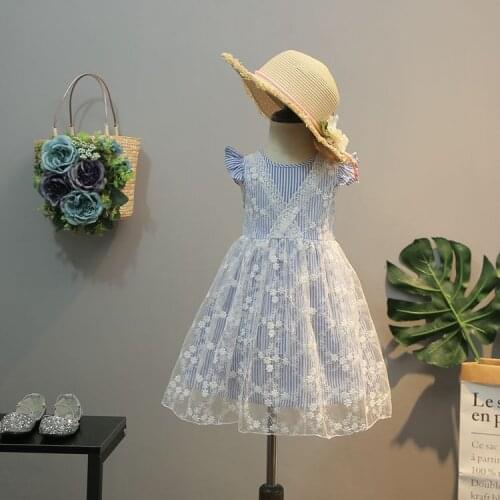 5Set/lot Baby Girl Dress baby kids clothing girls Off-shoulder princess dresses Fake 2 Pcs Blue Color