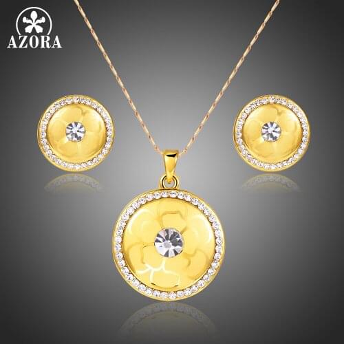 AZORA Womens Gold Color Clear Austrian Crystals Flower Pattern Bridal Round Pendant Necklace Set Stud Earrings TG0261