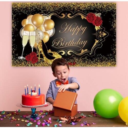 Glitter Gold Happy Birthday Backdrop Red Rose Floral Balloons Heels Champagne Glass Background Birthday Party Decor Hot Sell