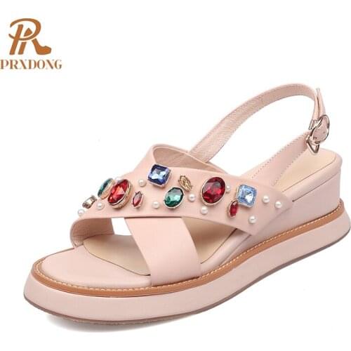 Genuine Cow Leather Women Sandals Shoes 2021 Summer Fashion Wedges High Heels Platform White Crystal Dress Party Casual Shoes 39