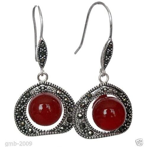 Brinco wedding wholesale good VINTAGE 925 STERLING 10MM NATURAL RED stone BEADS MARCASITE HOOK EARRINGS for women jewelry