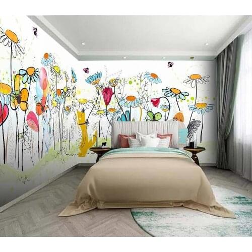 Decorative wallpaper Hand-painted flowers cute cartoon background wall