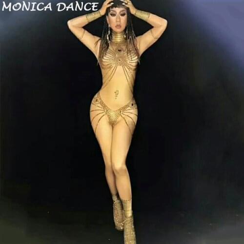 Women Sexy Stage Sparkly Jumpsuits Gold Crystals Sexy Women Rompers Stage Show Wear Birthday Celebrate Party Prom Costume Outfit