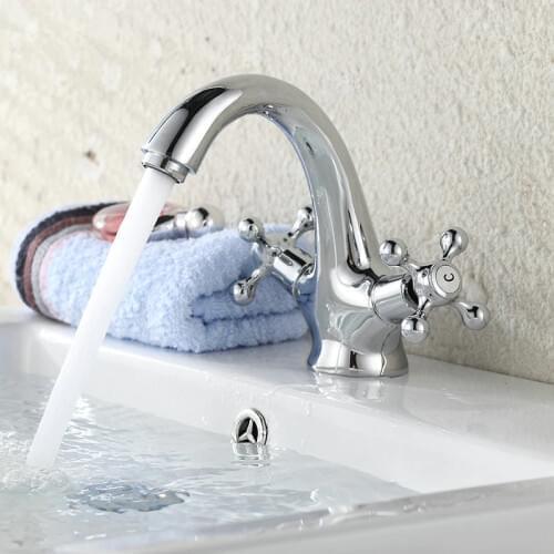 Elegant Deck Mount Two Cristal Handles Basin Faucet White & Gold Bathroom Sink Mixer Tap hot and cold water BR-9136