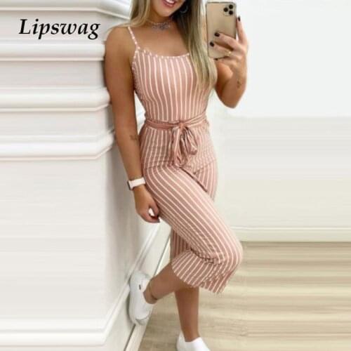 2021 Casual Striped Print Women Jumpsuit Summer Backless Sleeveless Strappy Romper Bodysuit Elegant Belt Lace-Up Sling Playsuit