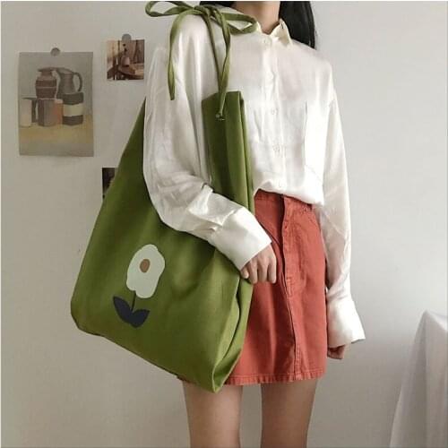 Creative Flower Folding Reusable Canvas Shopping Shoulder Bag Cute Green Quilted Fabric Cloth Belt Knotted Carry Bag