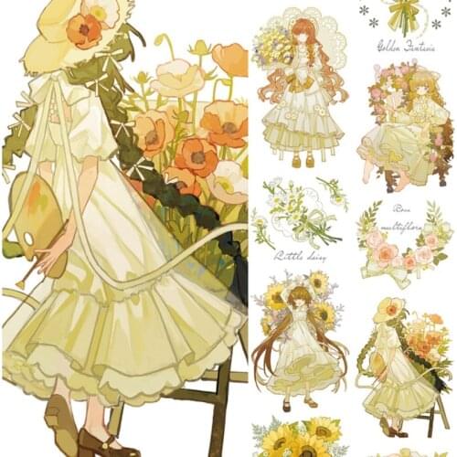 Sunshine Flower Girl PET Special Oil Washi Tapes Bullet Journal Masking Tape DIY Scrapbooking Decoration Washi Sticker