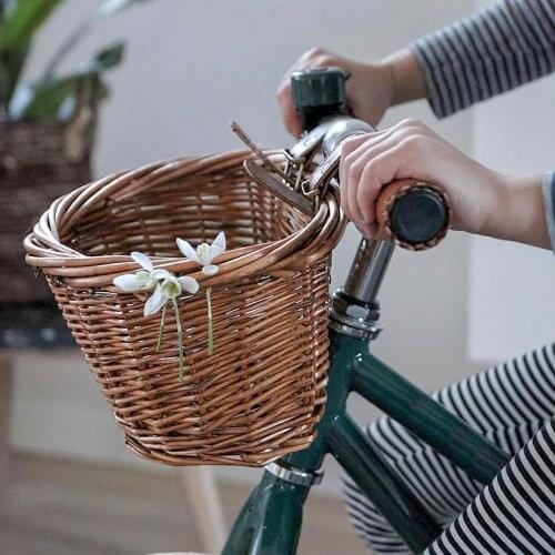 Fashion Retro Bicycle Rattan Basket Waterproof Front Basket Storage with Fixed Strap Soft Durable Bike Accessories