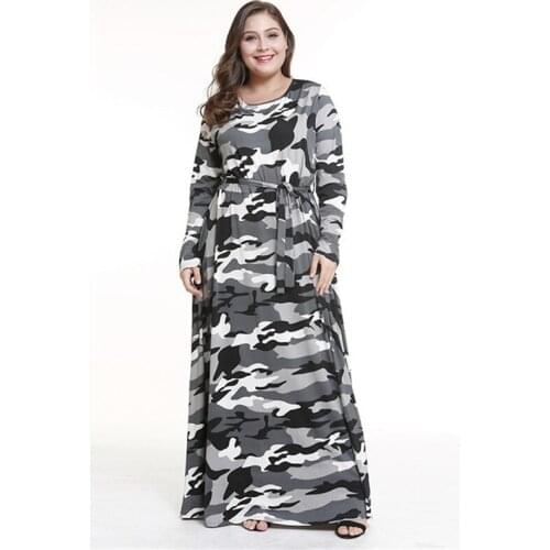 Fashion Large size Camouflage dresses Women Spring Summer Long sleeve Maxi Dresses Female Belt Slim Long Dress Vestidos 4XL 2809