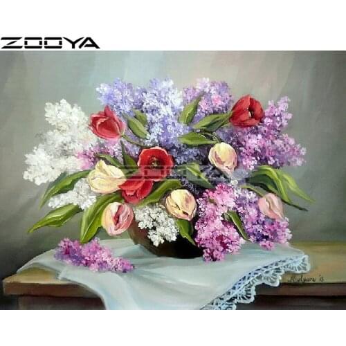 ZOOYA Diamond Embroidery 5D DIY Diamond Painting Cross-Stitch Kits Tulip Lilac Flowers Rhinestone Painting Mosaic Picture R1280
