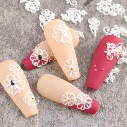 LANBENA White Embossed Flower Lace 5D Sticker Decal Wedding Nail Art Designs Floral Butterfly Japanese Manicure Decor 1 Sheet