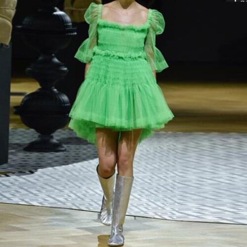 Neon Green 3/4 Sleeve Tulle Short Party Dresses 2020 Hi Low Tutu Custom Plus Size Prom Gowns Robe de soiree Cheap Formal Dresses