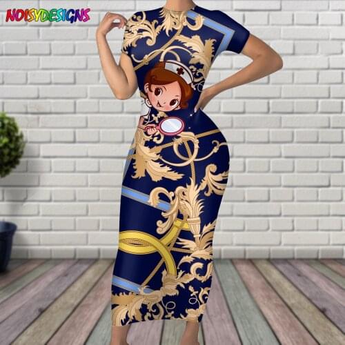 NOISYDESIGNS Dress Women Golden Chain Flowers Euporean Pattern and Nurse Girls Printed Bodycon Womens Summer Dresses Vestido