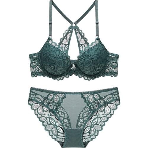 New Sexy Front Closure Bra Set Lace Embroidery Women Underwear Fashion Green Deep V Push Up Brassiere Thick Cotton Lingerie Set