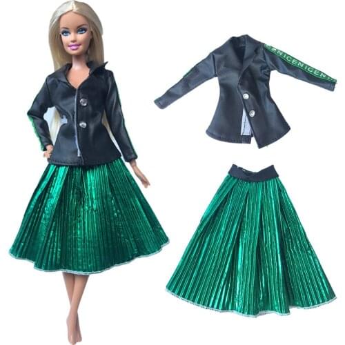 1 Set Doll Clothes Long Sleeved Coat Green Shirt Fashion Skirt Pu Outfit Modern Style Dress For Barbie Doll Girls Gift Toys