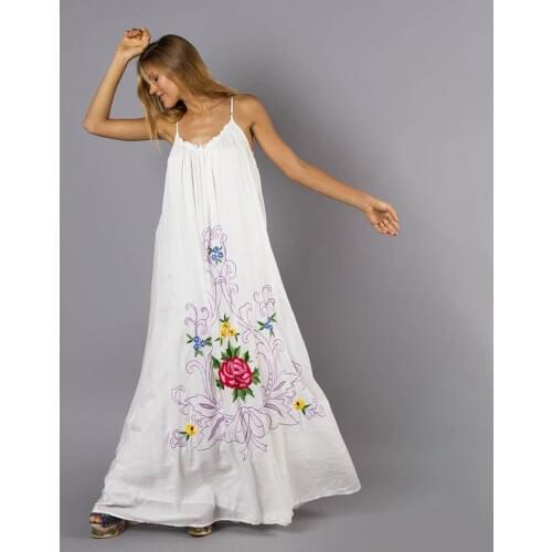 White Floral Embroidery Maxi Dress Women Sleeveless V neck Strap Sexy Dresses 2019 Summer Clothes Boho Beach Party Long Dress