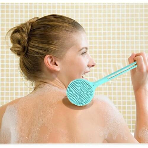 Silicone Double Side Bath Body Brush Long Handle Back Rub Massage Shower Cleaner Rubbing Skin Care Shower Exfoliation