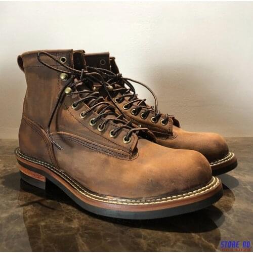 Unisex Handmade Vintage Lace-Up New Genuine Leather Platform Men Ring Black Red Ankle Boots Dress Work Casual Motorcycle Boots