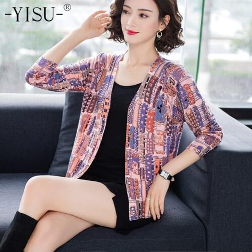 YISU 2020 Autumn Winter New Printed Sweater cardigan Loose V Neck Long sleeve Women Sweater Coat Cardigan Jacket Women