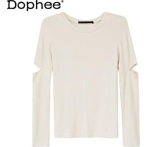 White and Black T-shirt for Women Long Sleeve Slim Fit Skinny Tee 2021 Spring and Summer All-Match Tshirt Fashion Round Neck Top
