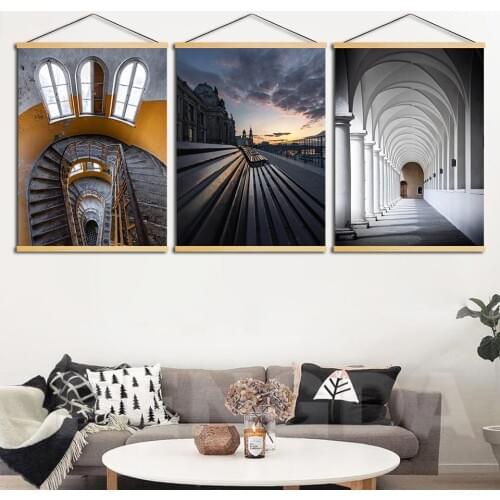 Print Canvas Art Nordic Style Architectural Natural Landscape Poster Wooden Scroll Hanging Painting Home Wall Artwork Decoration