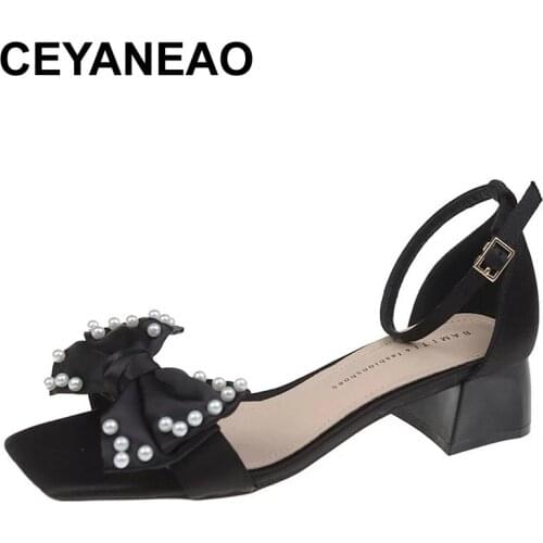 CEYANEAO Fashion Womens Shoes 2021 Block Heels Clear Sandals Suit Female Beige Buckle Strap Luxury Chunky Pearl Bow Black Girls