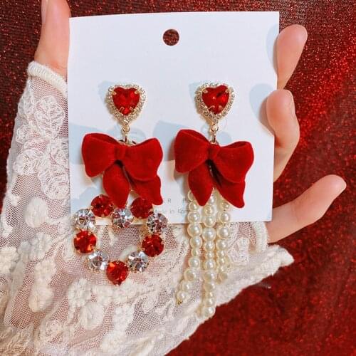 Elegant Korean Red Velvet Bowknot Asymmetric Long Drop Earrings For Women Fashion Crystal Heart Pendientes Jewelry