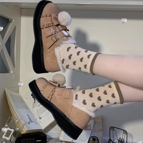 Winter kawaii girl sweet lolita shoes vintage round head plus cashmere keep warm women shoes cute bowknot kawaii loli snow boots