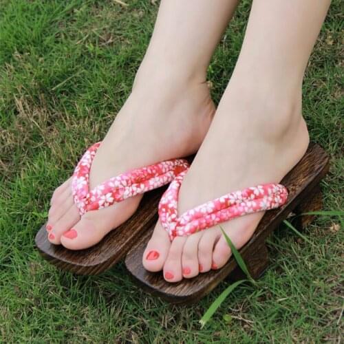 Womens Double Heel Charcoal Color Wood Sandals Classic Japan Geta Cosplay Shoes Summer Slippers Casual High Heel Flip Flops